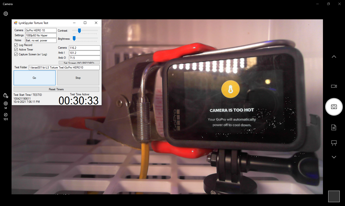 GoPro HERO 10 1080/60, Battery, No Hyper 38C/100F (Test ID 100421190611)