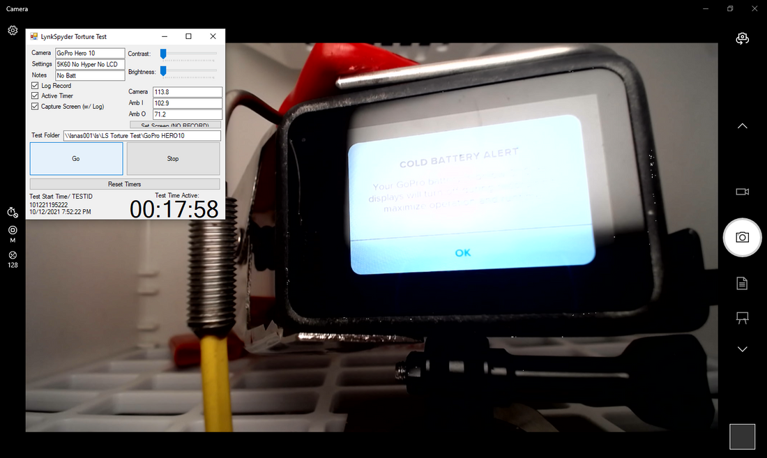 GoPro HERO 10 5K/60, No Battery, 38C/100F (Test ID 101221195222)