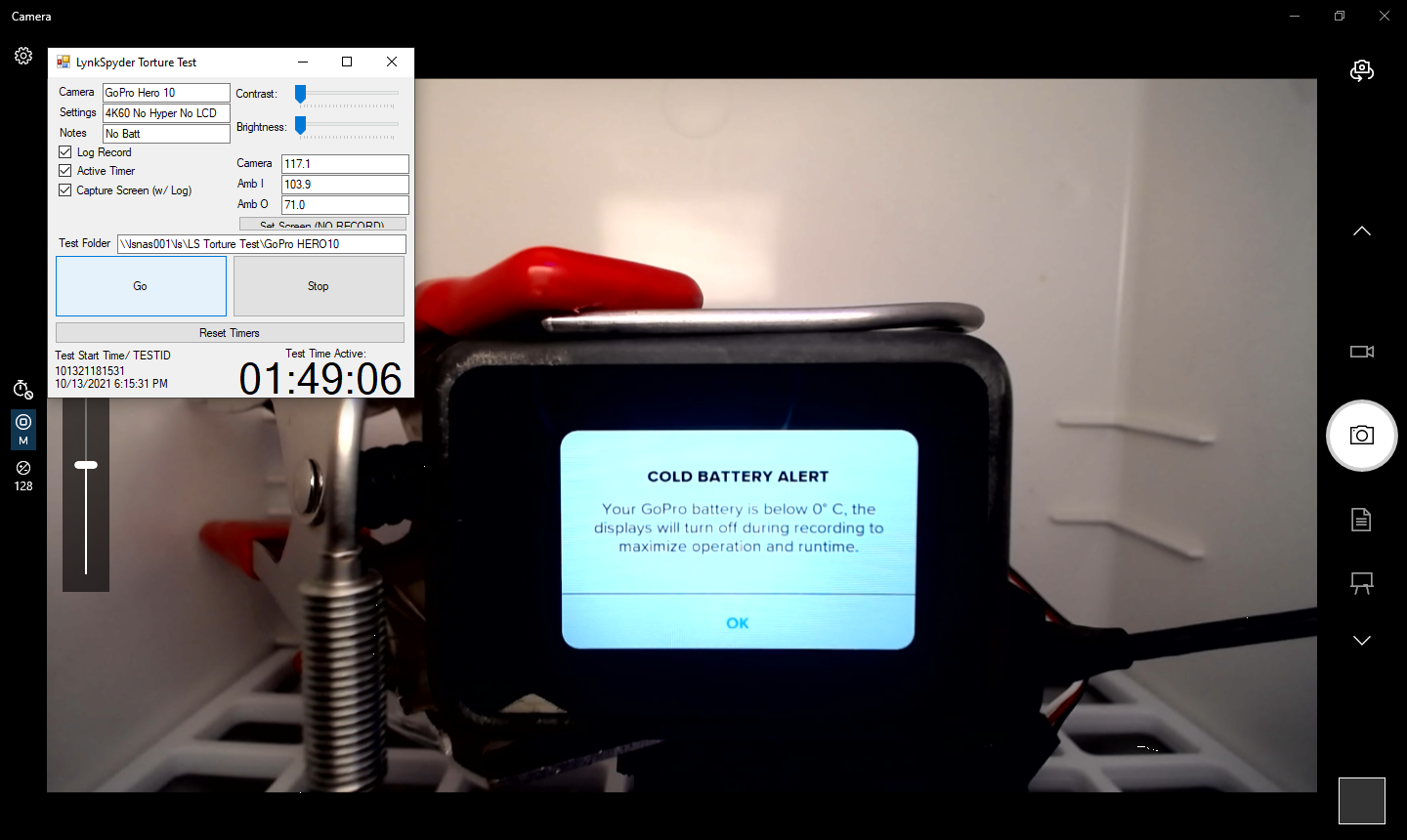GoPro HERO 10 4K/60, No Battery, 38C/100F (Test ID 101321181531)