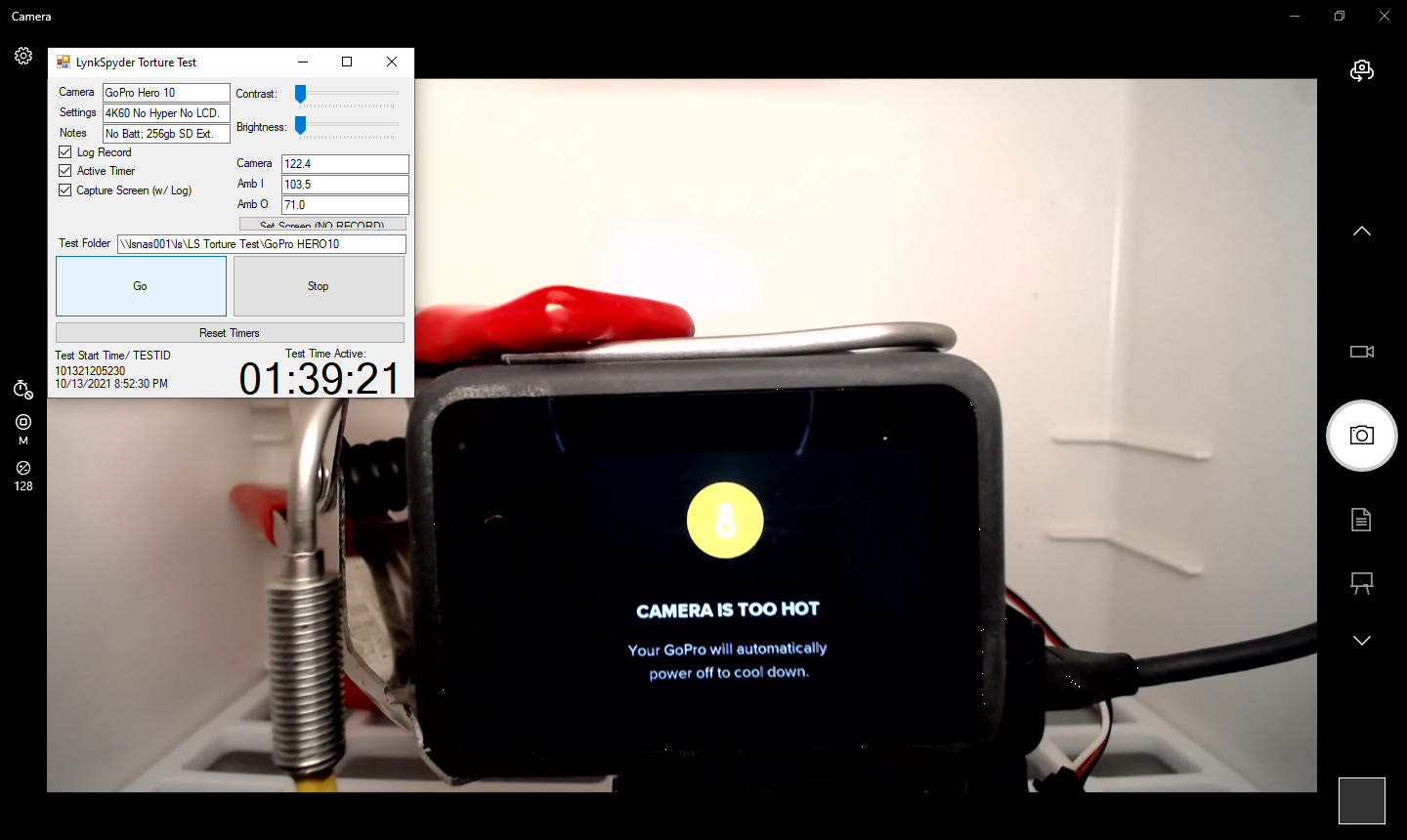 GoPro HERO 10 4K/60, No Battery, 38C/100F (Test ID 101321205230)