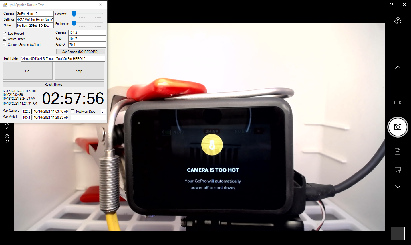 GoPro HERO 10 4K/30, WiFi, No Battery, 38C/100F (Test ID 101621082459)