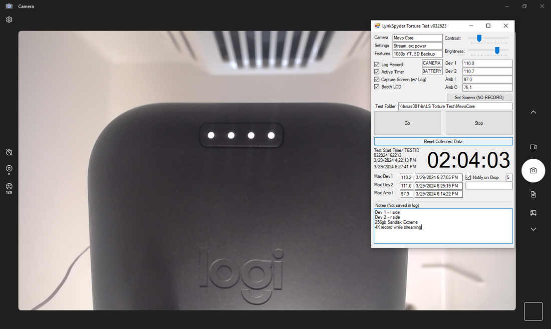Mevo Core, Stream and Record, External Power, 95F (TEST ID 032924162213)